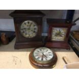 Walnut cased 'Alarm / Silent' clock together with a Sychronome Electric wall clock and another mante