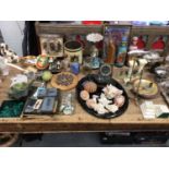 Sundry decorative items, including seashells, china, glassware, candlesticks, sculptures, etc