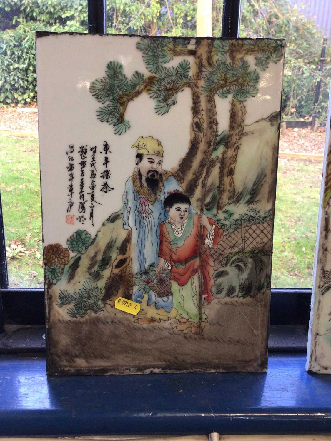 Pair of Chinese porcelain plaques, 20th century, painted with figures and calligraphy - Image 3 of 4