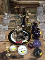 Miscellaneous group of items to include silver plated wares, glass paperweights, Limoges and other o