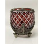 Good quality white metal mounted and cut ruby flash glass bowl/vase with shell motifs