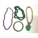 Amethyst bead necklace with 14ct gold clasp, green glass pendant on rope necklace, malachite bead ne