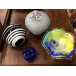 Large apple glass paperweight and others including three matching signed mushrooms