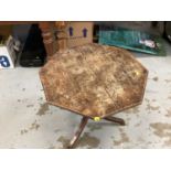 Nineteenth century oak wine table with octagonal tilt top on turned column and three splayed legs, 5