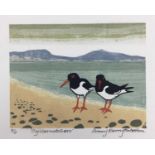 Penny Berry Paterson (1941-2021) colour linocut, Oyster catchers, signed, inscribed and numbered 6/6