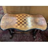 Victorian walnut stretcher table with inlaid chessboard top, 90cm wide, 45cm deep, 61cm high