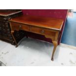 19th century style mahogany writing table with two drawers on cabriole legs, 106cm wide, 58cm deep,