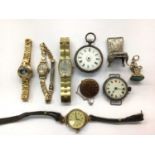 Two silver cased fob watches, four vintage gold plated ladies wristwatches, brooch and silver miniat