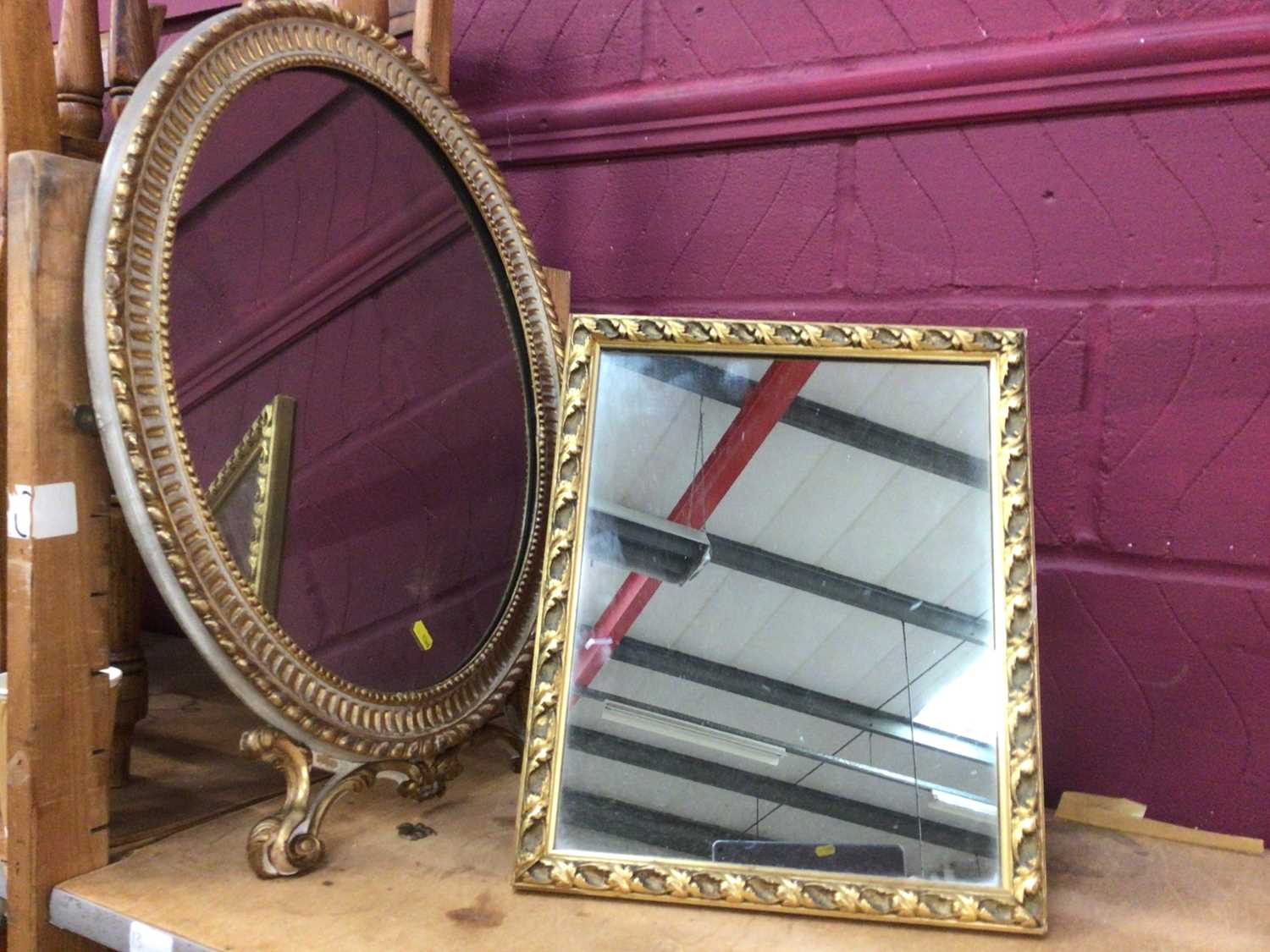 Oval wall mirror with gilt plaster frame and dressing table mirror
