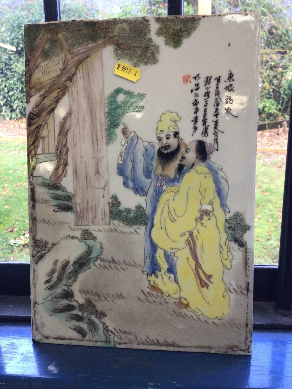 Pair of Chinese porcelain plaques, 20th century, painted with figures and calligraphy - Image 2 of 4