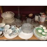 Large quantity of china and glassware including decanters, Portmeirion etc - 2 shelves