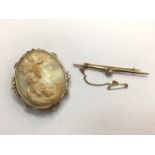 Carved shell cameo in 15ct gold brooch mount and 18ct gold bar brooch set with a cultured pearl