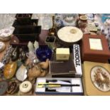 Various items including animal ornaments, pair blue glass bowls, polished mineral specimens, chess/b