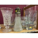 Hobnob style claret jug, vase and clear glass vessels, approx 23 total