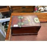Chinese elm vanity box, together with an oak table display cabinet and an oak canteen (3)