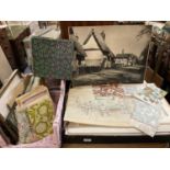 Mixed lot of ephemera, unframed works, vintage Sanderson wall paper samples, art related books and s