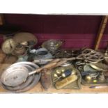 Quantity brass and other metalware including oil lamp base, kitchen scales, pans and some plated ite