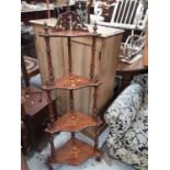 Late Victorian inlaid walnut four tier corner whatnot with turned supports, 146.5cm high