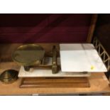 Edwardian The United Yeast Co Ltd brass and china balance scales on a marble and oak plinth plus set