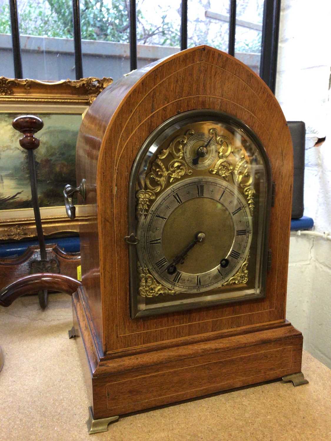 Late 19th century 8 day bracket clock by Winterhalder & Hofmeier with arched brass dial in lancet