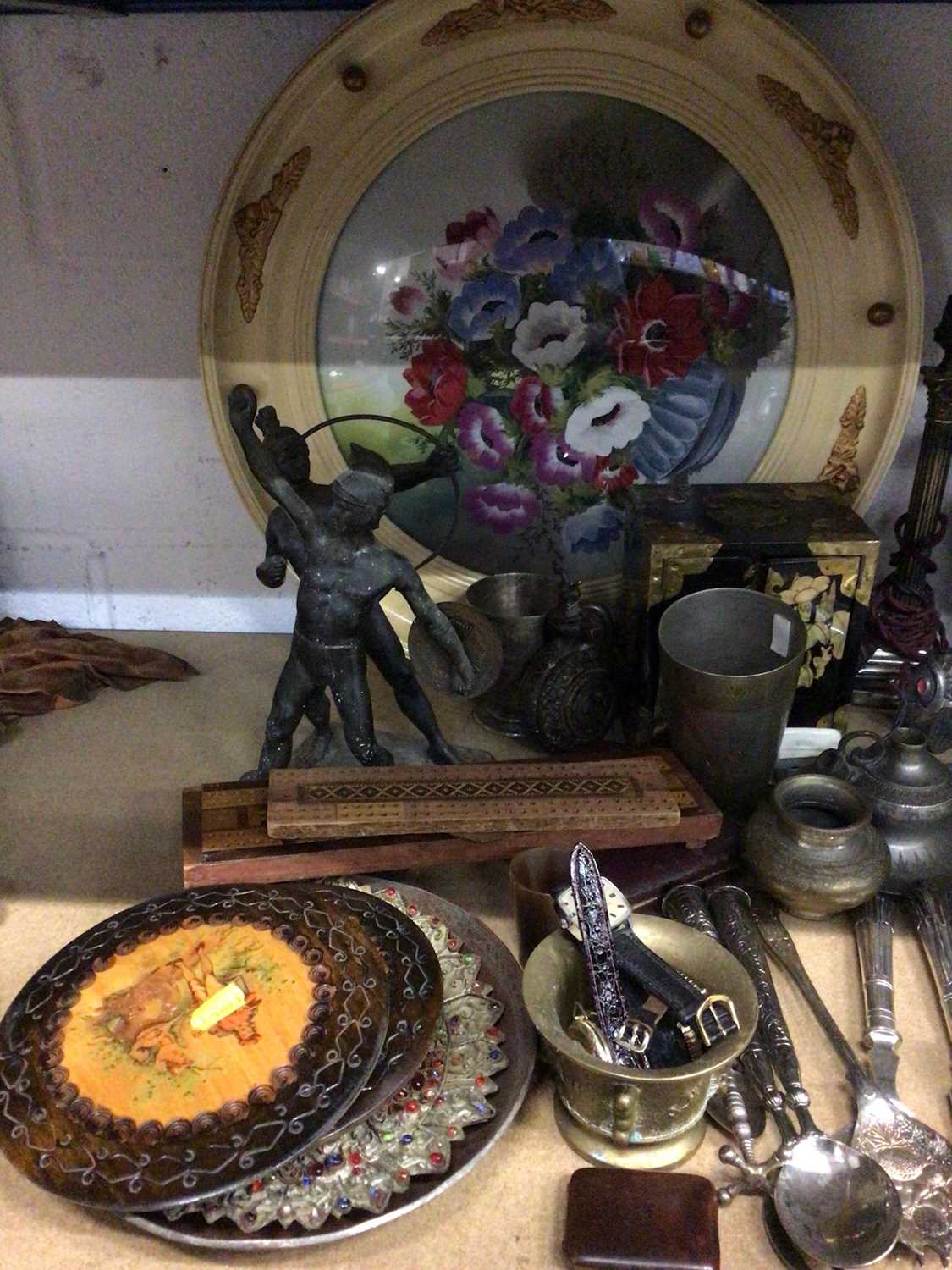 Sundry antique and later items, including a Tunbridge ware cribbage board, watches, Eastern metal wa - Image 2 of 5