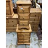 Pine three drawer bedside chest, 43cm wide, 34cm deep, 68cm high, together with a smaller chest, 30.