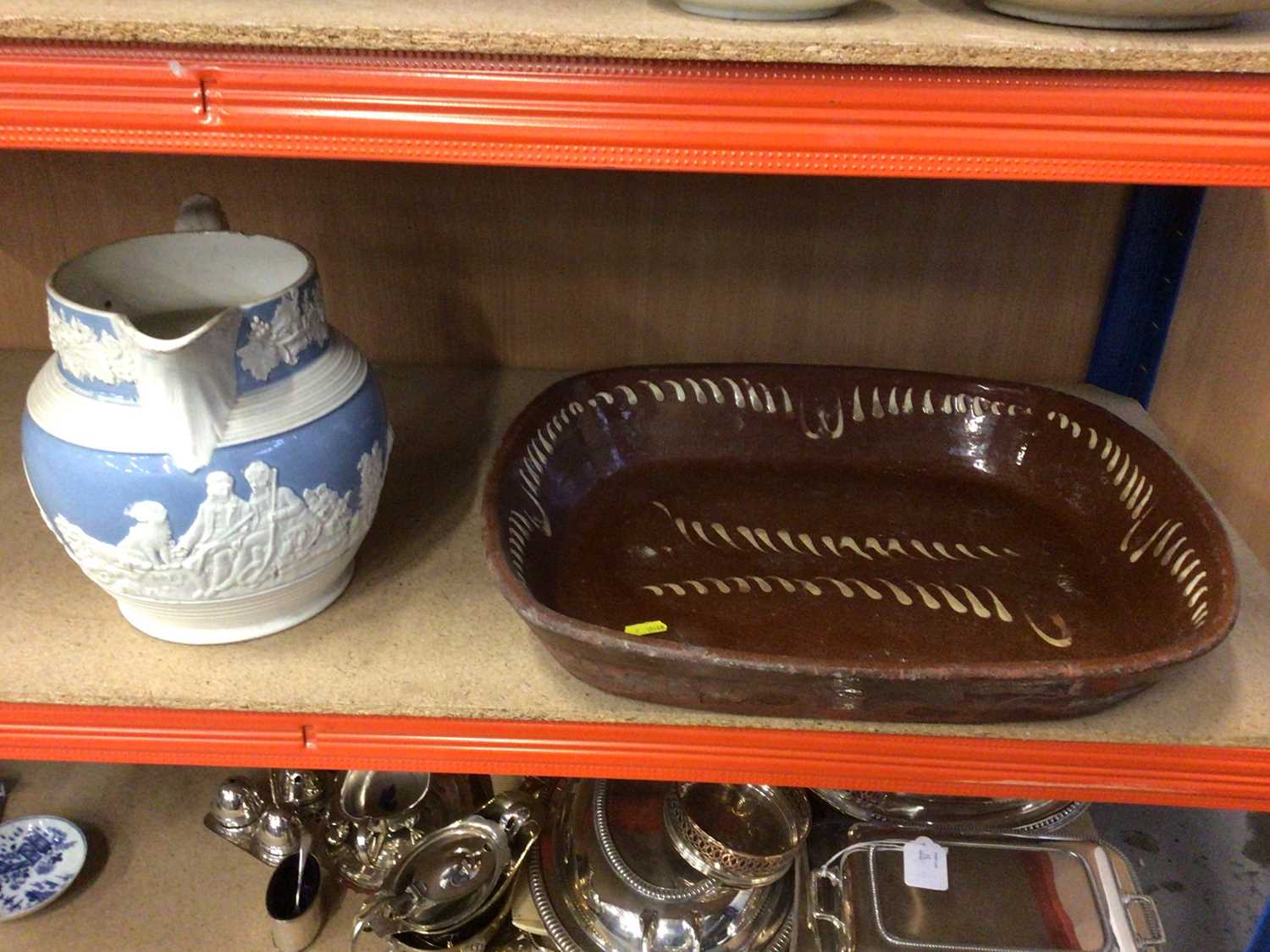 Victorian slip ware baking dish with a Victorian relief moulded jug