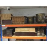 Wicker hampers and basket, brass Jardinere, brass coal scuttle and sundries