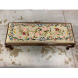 Long footstool with floral tapestry seat on cabriole legs, 92cm wide, 34.5cm wide, 28cm high