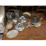 Silver dressing table pieces, silver table lighter in the form of a lamp and assorted metalware