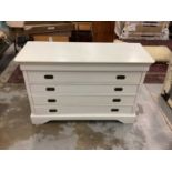 Contemporary white chest of four long drawers with military style flush handles, 120cm wide, 46cm wi