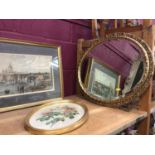 Oval gilt framed wall mirror, London scene prints and other pictures and prints