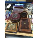 Three Victorian mahogany boxes, a pair of beadwork footstools, a mantel clock and two needlework ite