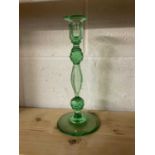 Good quality green glass single candlestick with cut stem on circular base, 30cm high