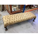 Long footstool with floral and bee upholstery on cabriole legs, 103cm wide, 37cm wide, 24cm high