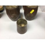 Military interest- set of six turned wood tankards with carved British military badges, together wit