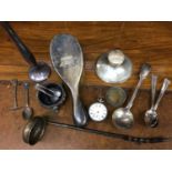Group silver including inkwell, brush, salt, pocket watch and flatware