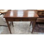 Nineteenth century oak tea table with foldover top, drawer below on square taper legs, 85cm wide, 41