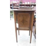 Edwardian inlaid mahogany pot cupboard with ledge back and panelled door on square taper legs, 41cm