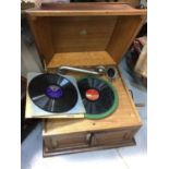 1920s oak cased gramophone, some old records and a vintage Ekco radio