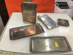 Two silver cigarette cases, silver powder compact and two continental silver (800 standard) trays