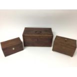 Regency fruitwood and tulipwood crossbanded tea caddy, together with two further 19th century tea ca
