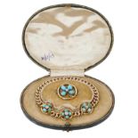 Late Victorian 15ct gold diamond and turquoise bracelet and brooch in original fitted leather box