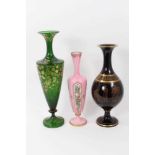 19th century pink glass vase with polychrome decoration together with large black glazed pottery vas