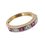 Ruby and diamond seven stone eternity ring with with four square step cut rubies interspaced by thre