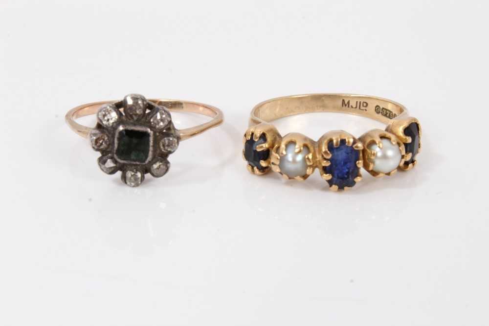Georgian/antique green stone and diamond cluster ring, and sapphire and pearl five stone ring