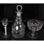 18th century opaque twist wine glass, together with a Georgian three-ring decanter and a Victorian s