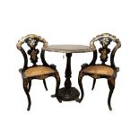 Pair of Victorian papier mâché side chairs together with another similar and a tilt top occasional t