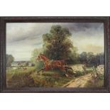 Edward Priestley 19th century oil on canvas- A runaway cart horse chasing the hunt, signed, in oa