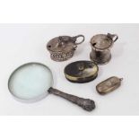 19th century Scottish horn snuff box, two silver mustard pots and silver handled magnifying glass.